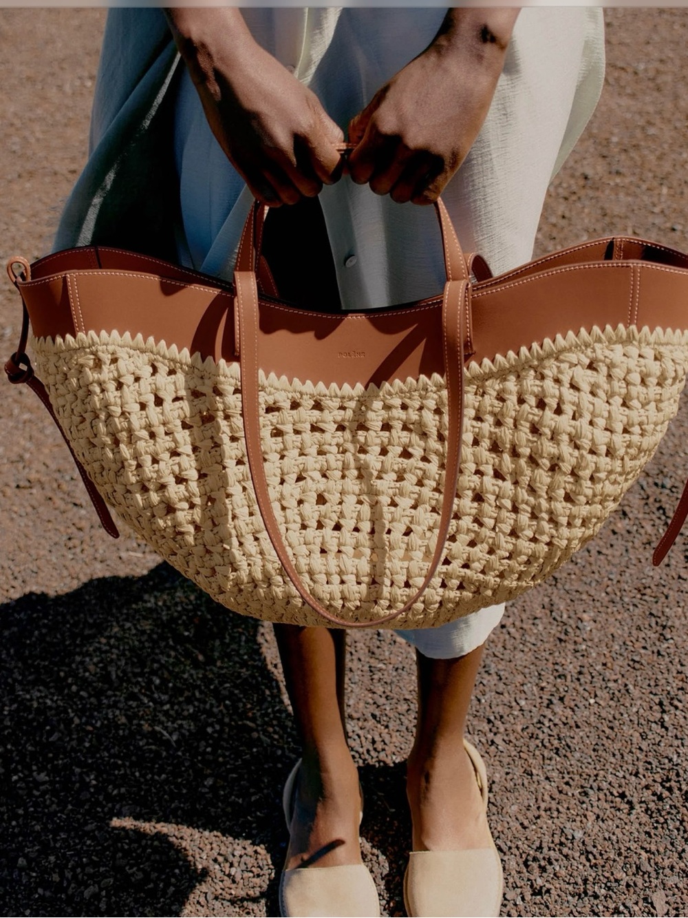 Polene Two-Tone Woven Straw Tote with Tan Leather Trim